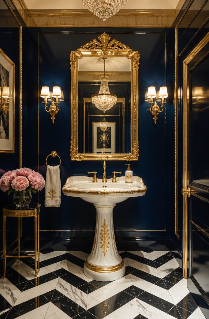 Glamorous Hollywood Regency Pedestal Sink Bathroom