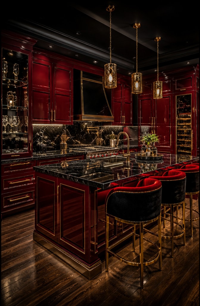 Glamorous Red and Black Kitchen with Gold Accents