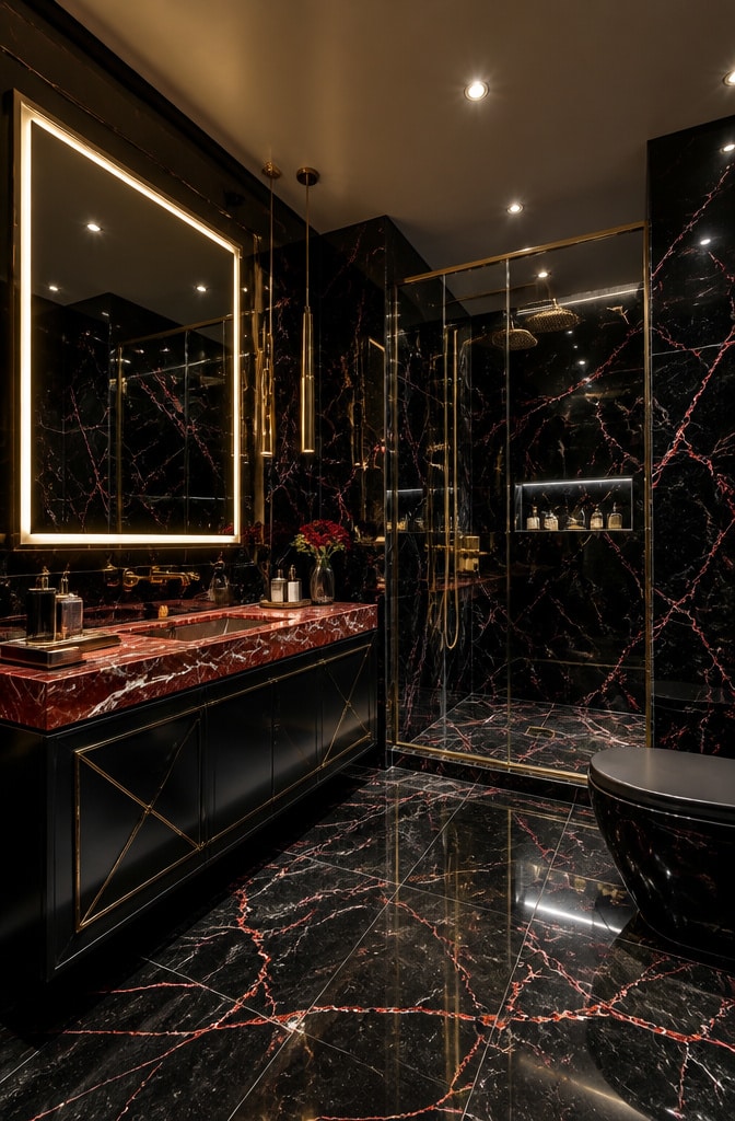 Glamorous Red and Black Marble Bathroom