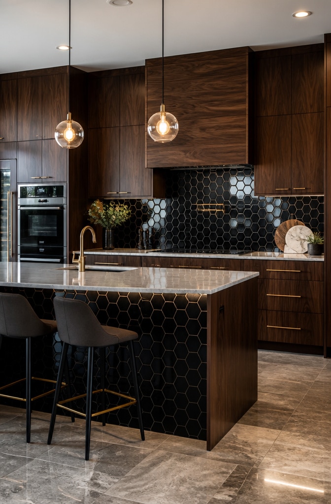Glossy Black Hexagon Tile Kitchen