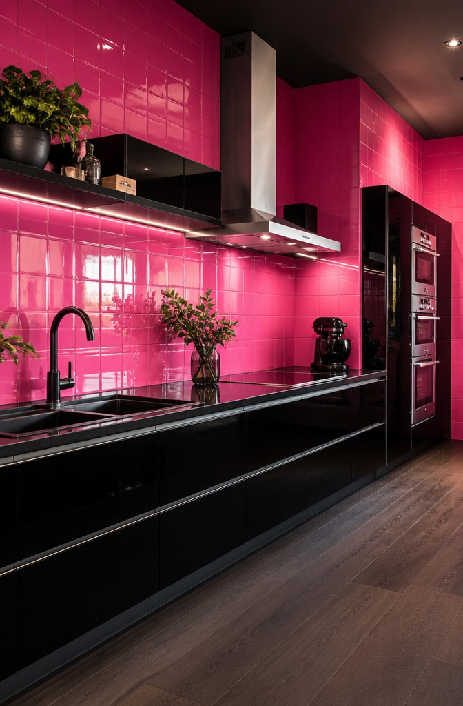 Glossy Hot Pink Kitchen Tiles