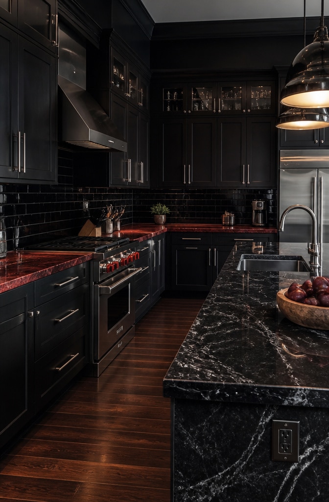 High-Contrast Black and Red Granite Kitchen