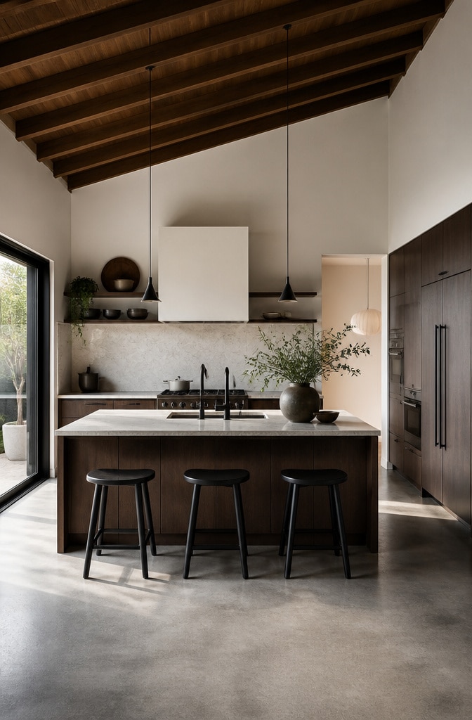 High-Contrast Japandi Kitchen with Dark Wood