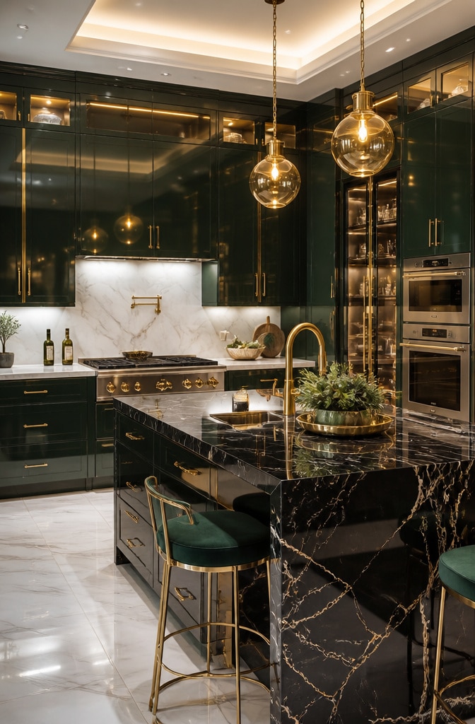 High-Gloss Forest Green Cabinets with Gold Accents