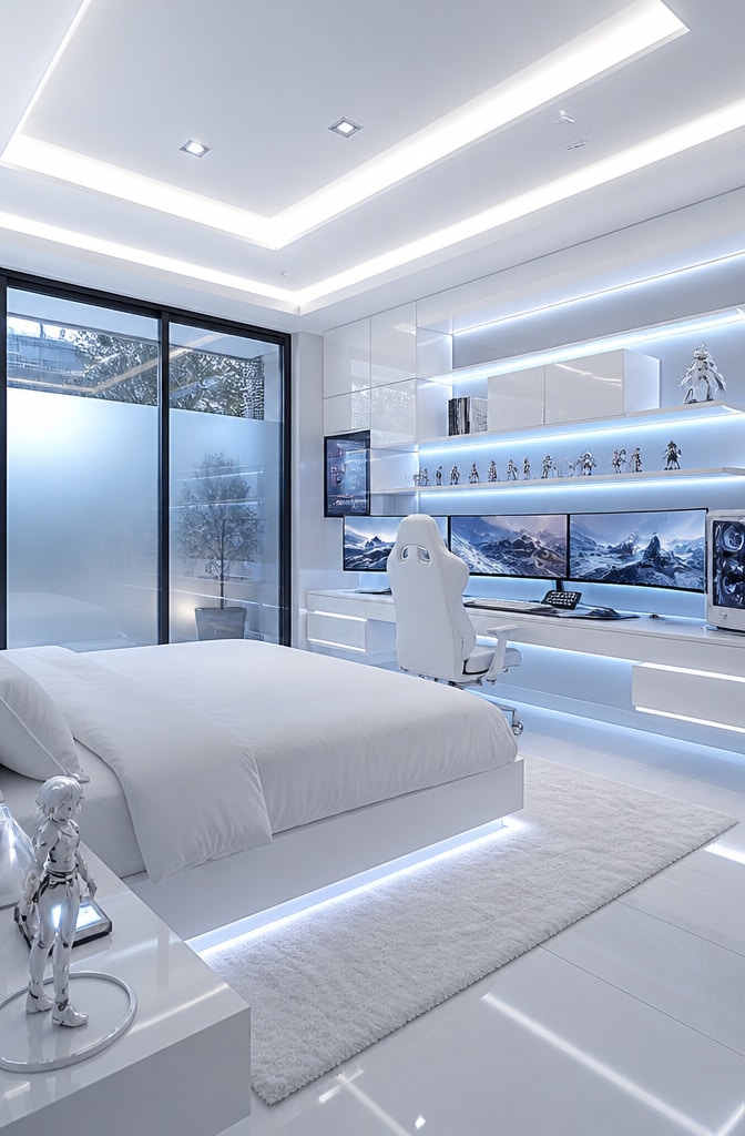 High-Tech Futuristic White Gamer Bedroom