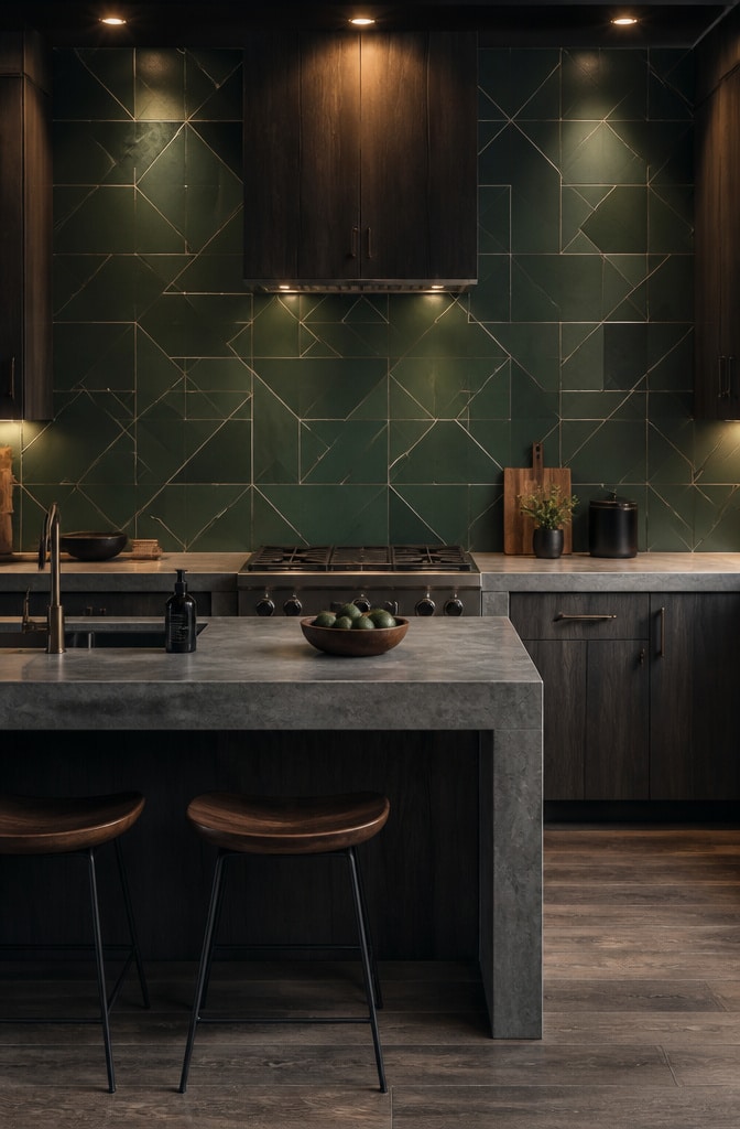 Hunter Green Geometric Tile Backsplash