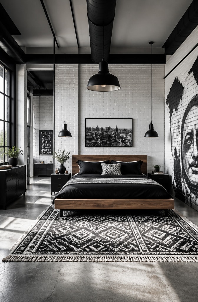 Industrial Black and White Loft Bedroom
