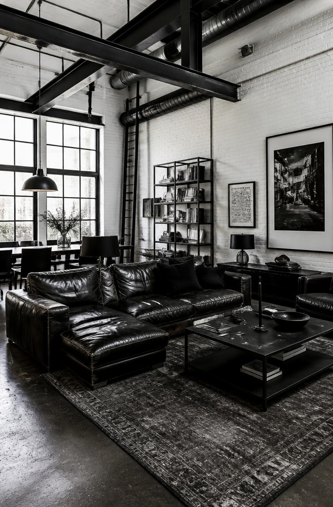 Industrial Black and White Loft Living Room
