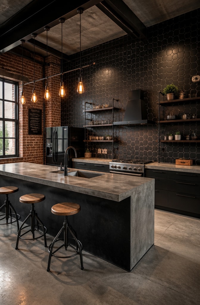 Industrial Black Hex Tile Kitchen