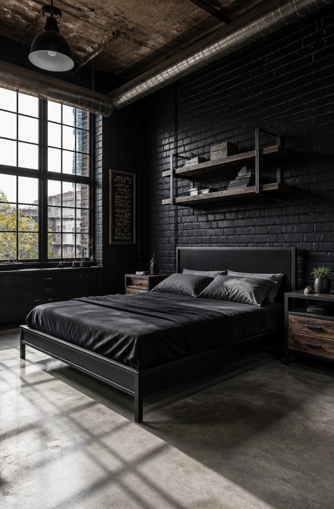 Industrial Black Loft Bedroom