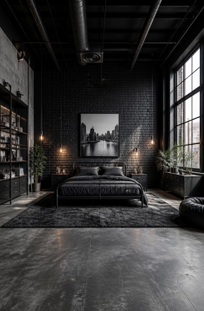 Industrial Black Loft Bedroom