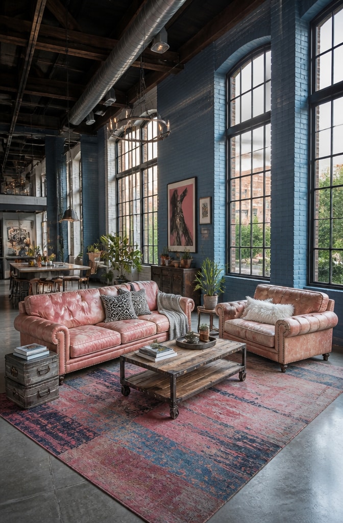 Industrial Blue and Pink Urban Living Room