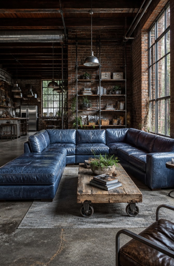 Industrial Blue Leather Sectional Space