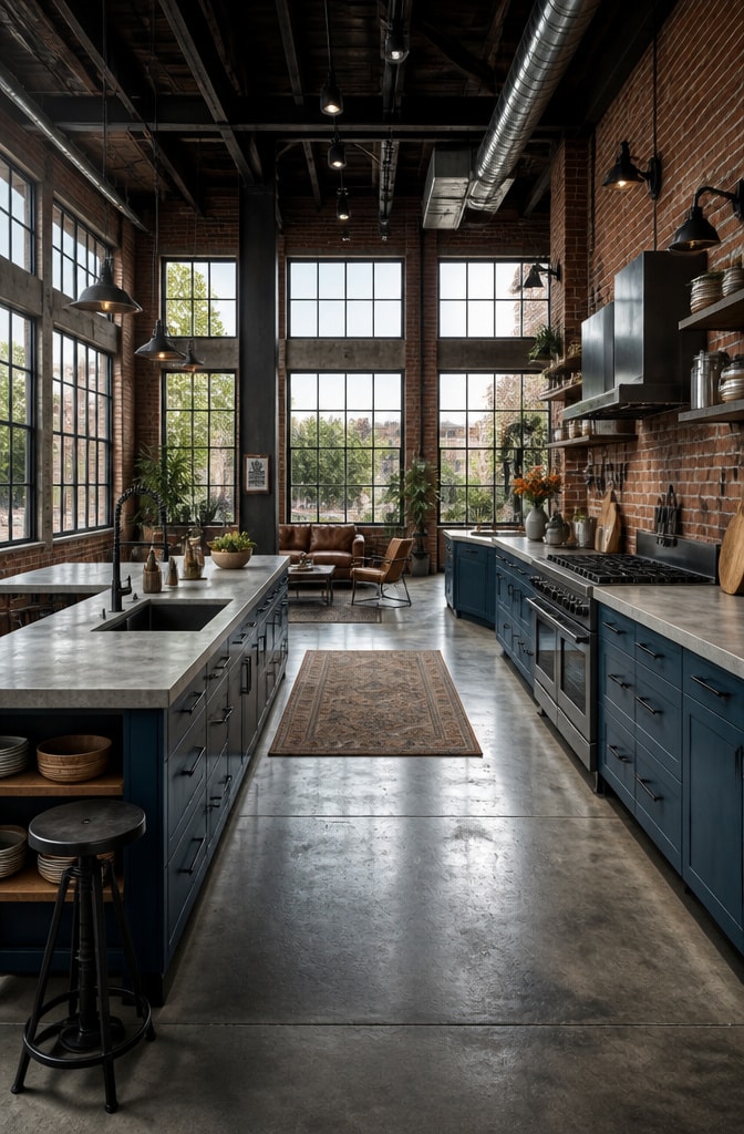 Industrial Blue Loft Kitchen