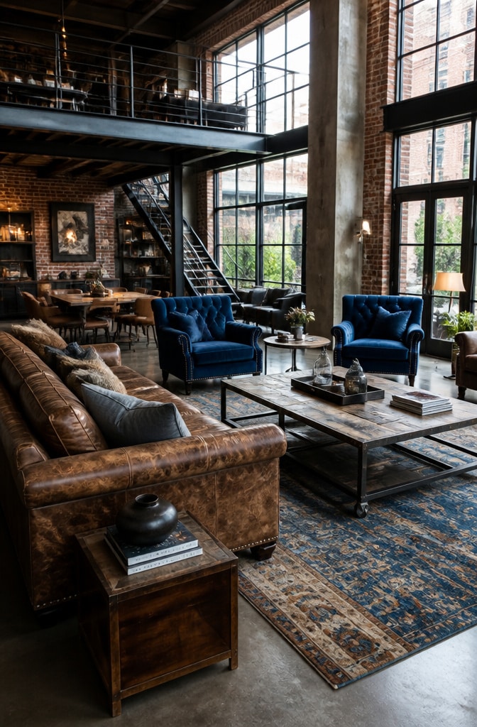 Industrial Brown and Blue Loft Living Room
