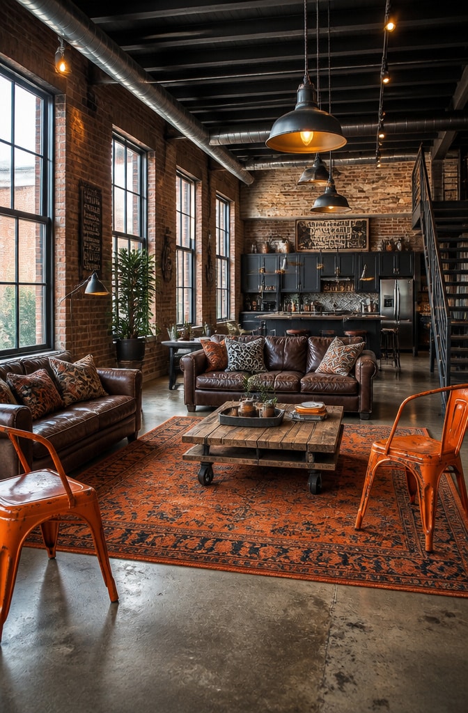 Industrial Brown and Orange Urban Loft Living Room
