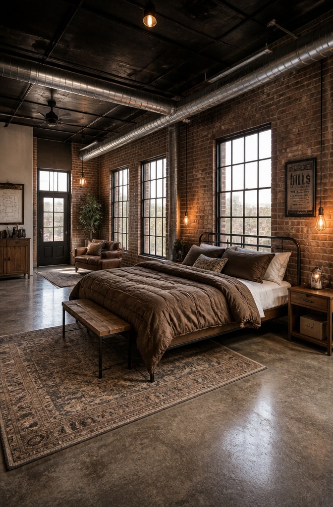 Industrial Brown Comforter Loft Bedroom