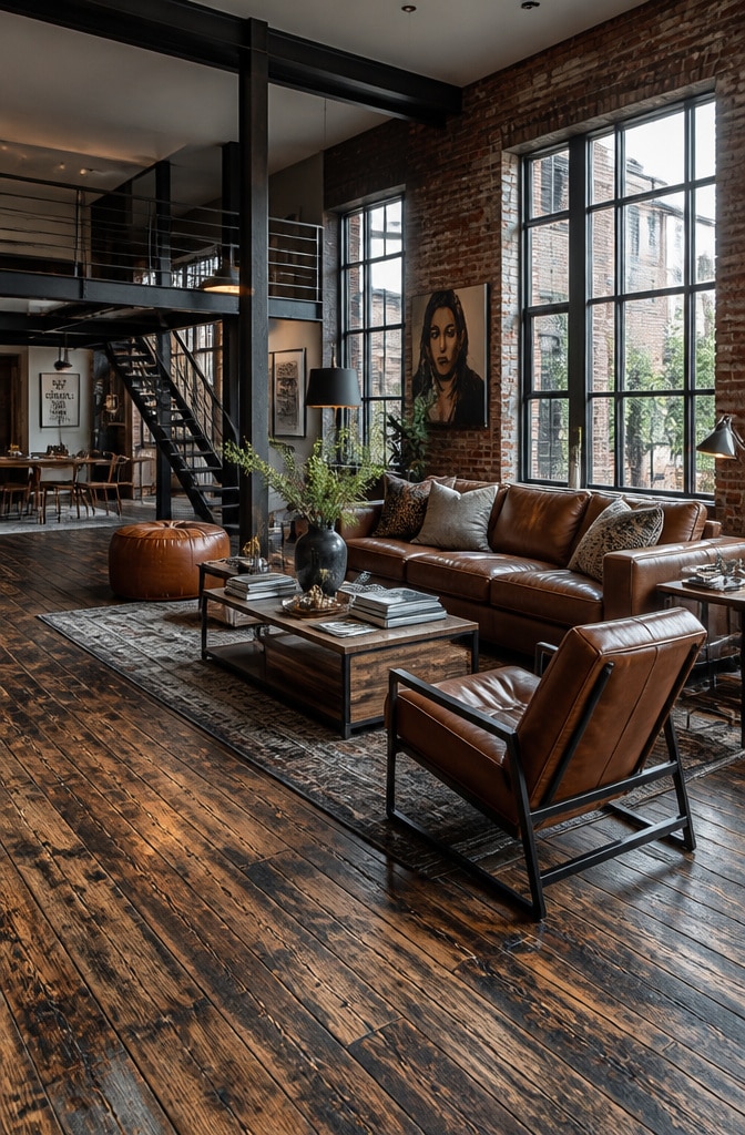 Industrial Brown Floor Loft Living Room
