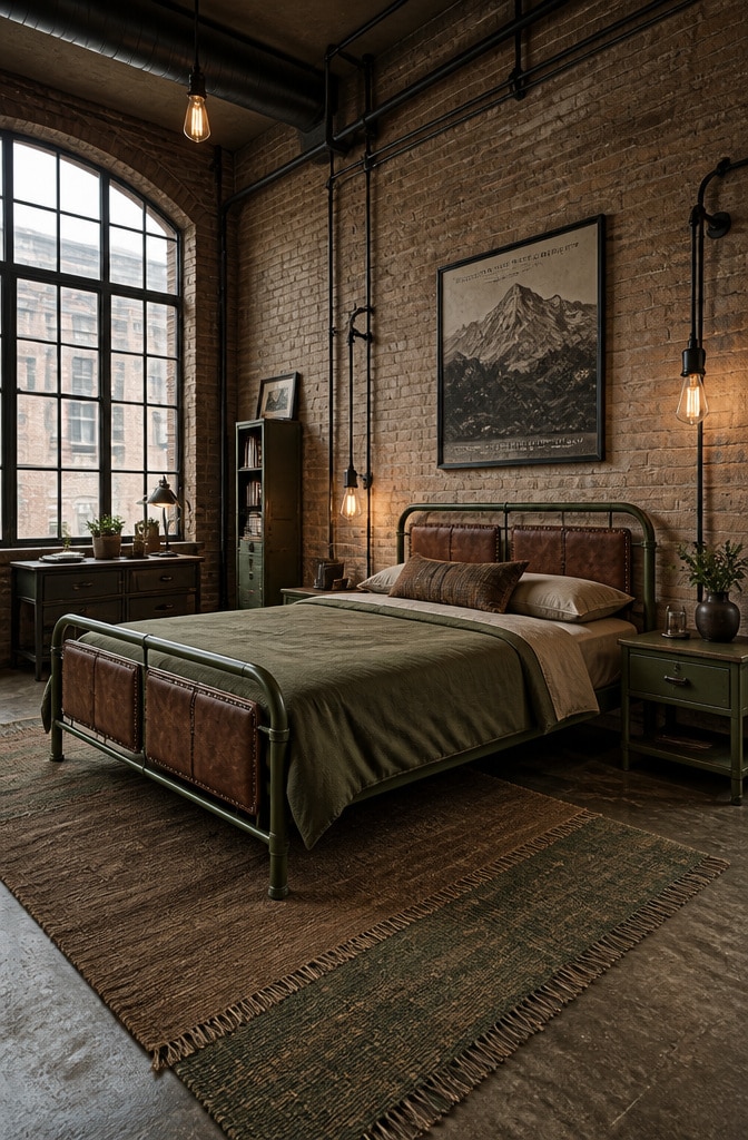 Industrial Brown Leather and Olive Green Bedroom
