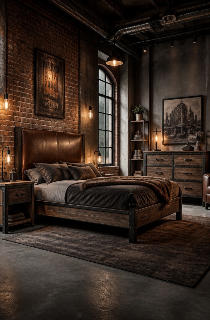 Industrial Brown Leather and Wood Bedroom