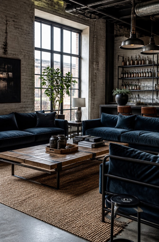 Industrial Chic Blue-Gray and Neutral Living Room
