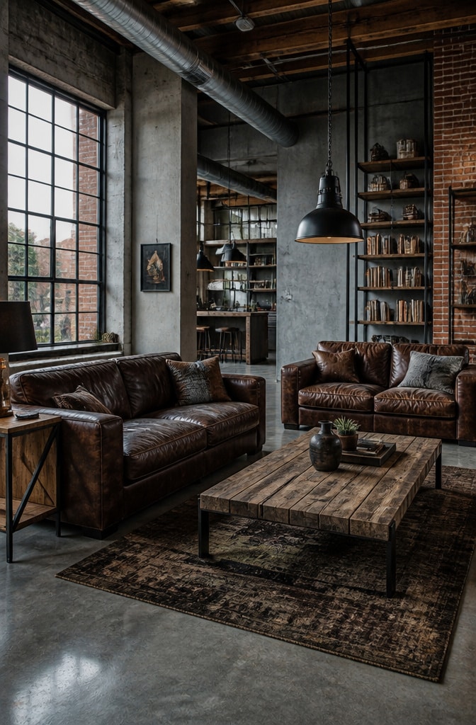 Industrial Chic Dark Brown and Grey Living Room