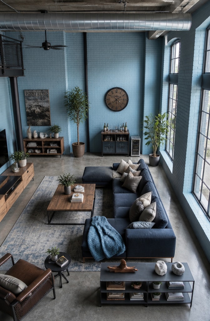 Industrial Chic French Blue Loft Living Room