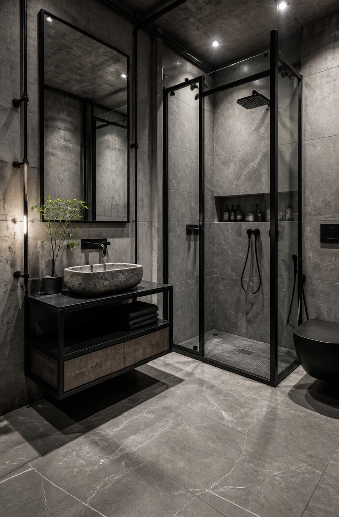 Industrial Chic Marble and Concrete Bathroom
