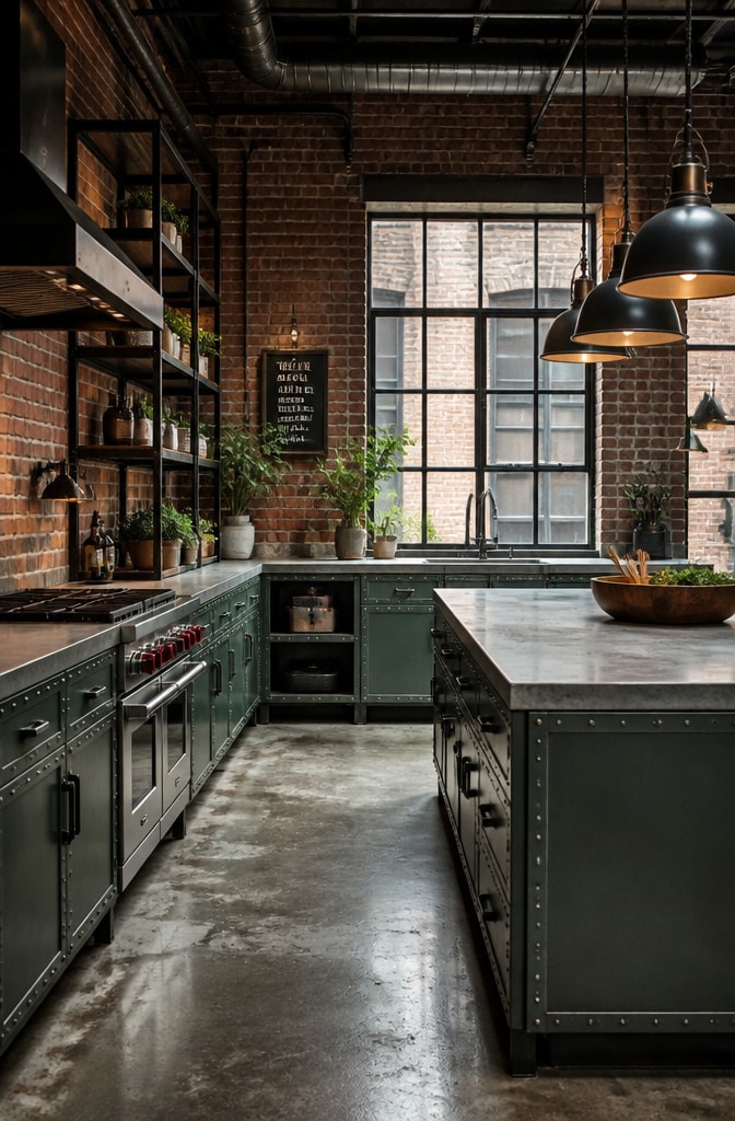 Industrial Chic Pewter Green Cabinets