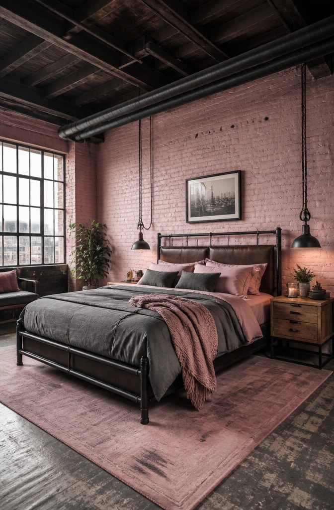 Industrial Chic Pink and Brown Bedroom