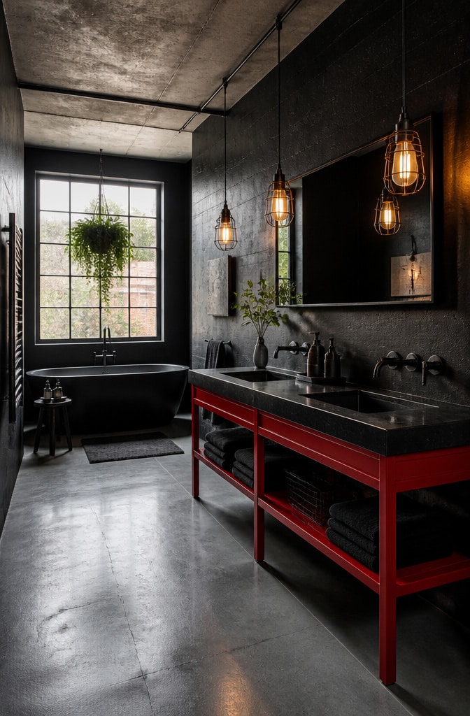 Industrial Chic Red and Black Bathroom