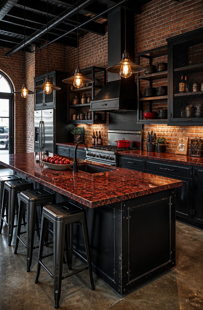 Industrial Chic Red Granite Kitchen