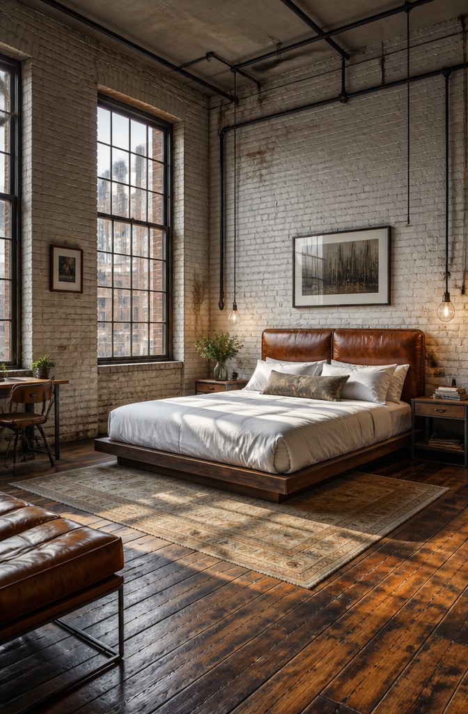 Industrial Chic White and Brown Bedroom