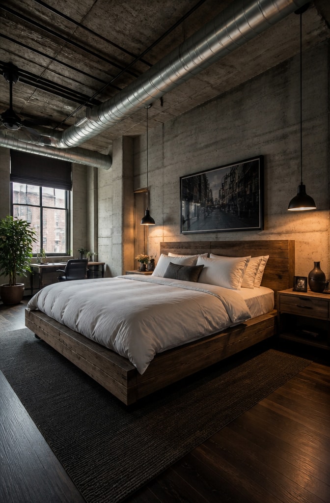 Industrial Chic White Comforter Bedroom