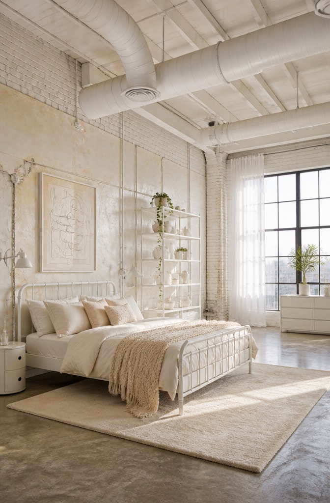 Industrial Cream and White Loft Bedroom