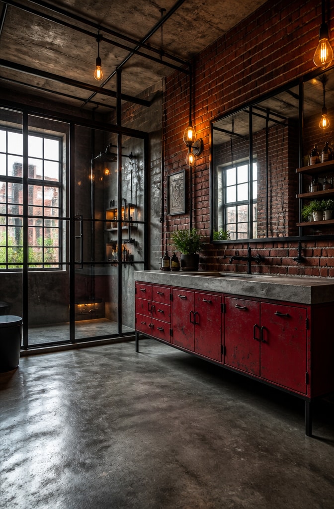 Industrial Dark Red Loft Bathroom