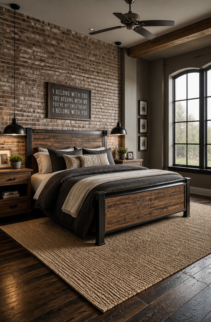 Industrial Farmhouse Bedroom with Warm Wood Accents