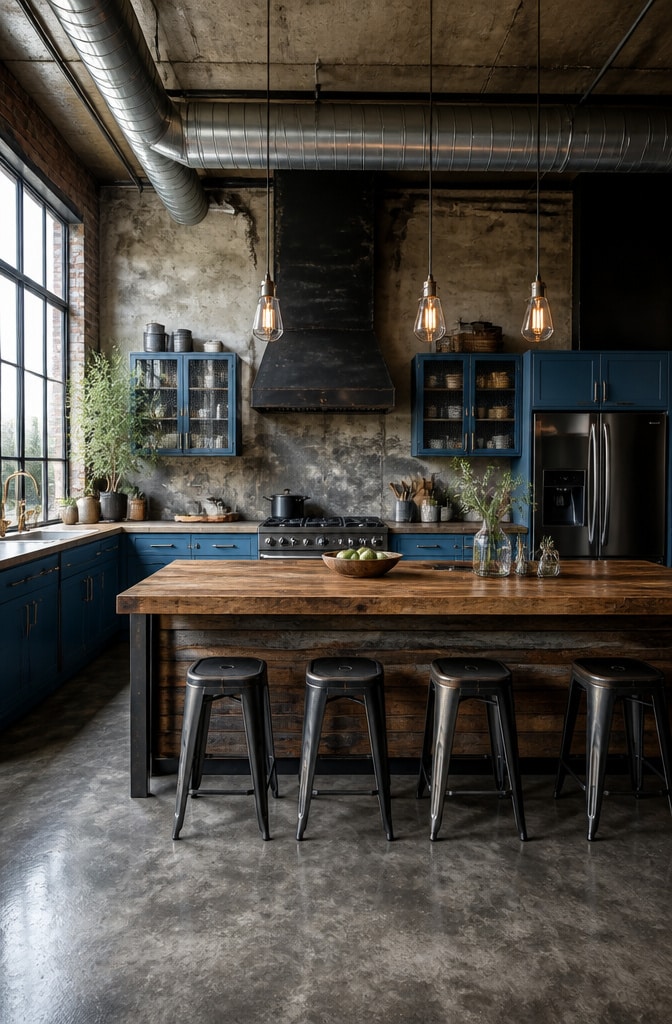 Industrial French Blue Loft Kitchen