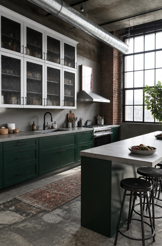 Industrial Green and White Kitchen Cabinets