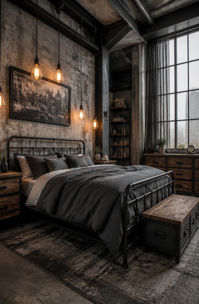 Industrial Loft Black and Grey Bedroom