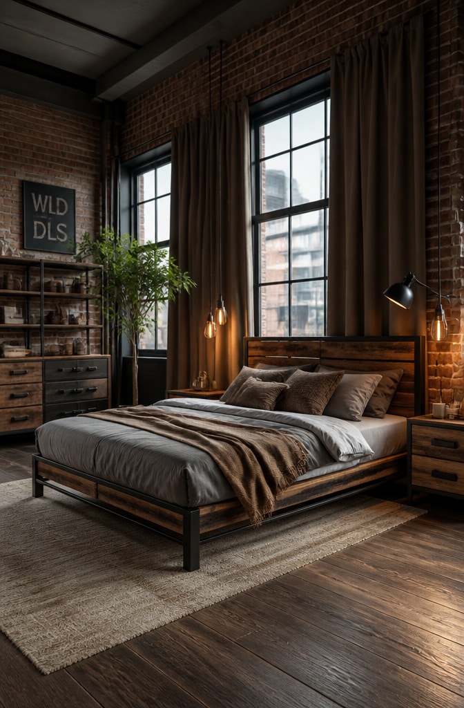 Industrial Loft Brown Curtains Bedroom