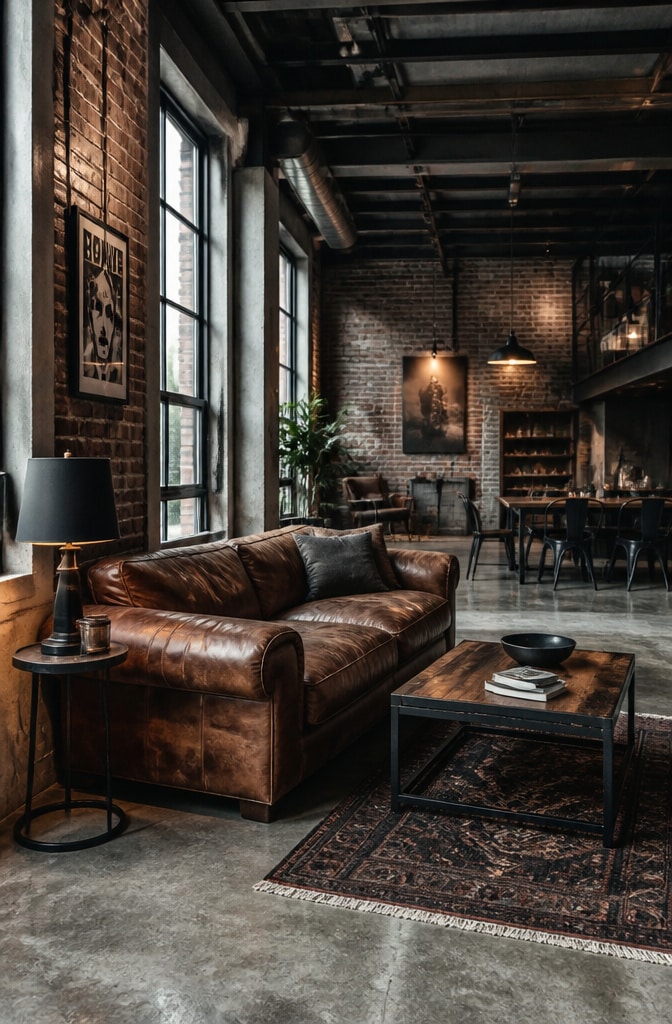 Industrial Loft Brown Leather Couch Living Room