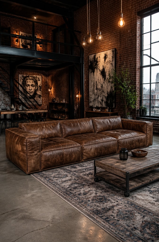 Industrial Loft Brown Leather Sofa Living Room