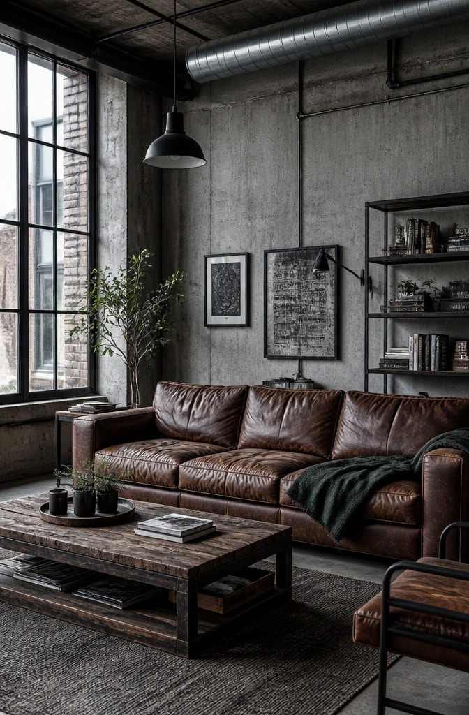 Industrial Loft Brown Leather Sofa Living Room