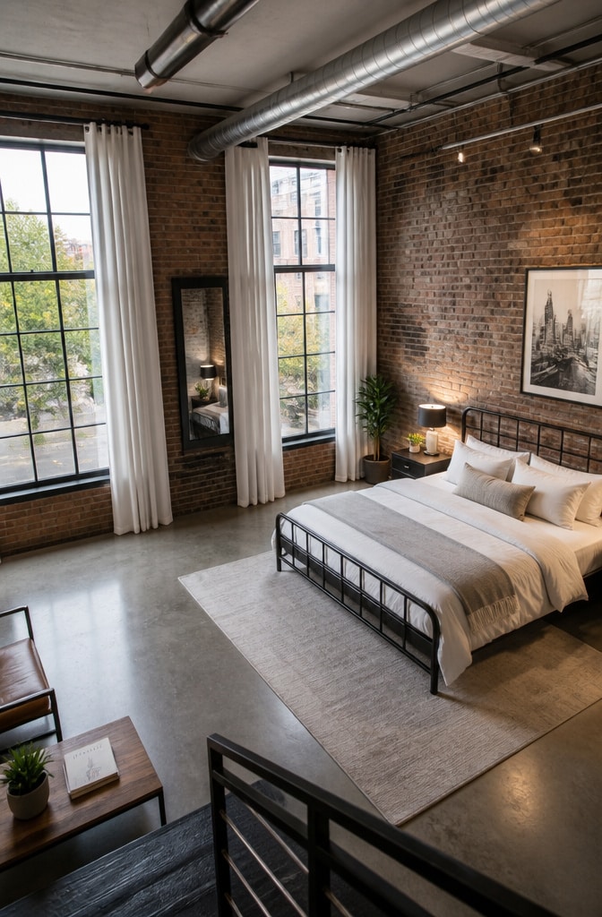 Industrial Loft White Curtains Bedroom