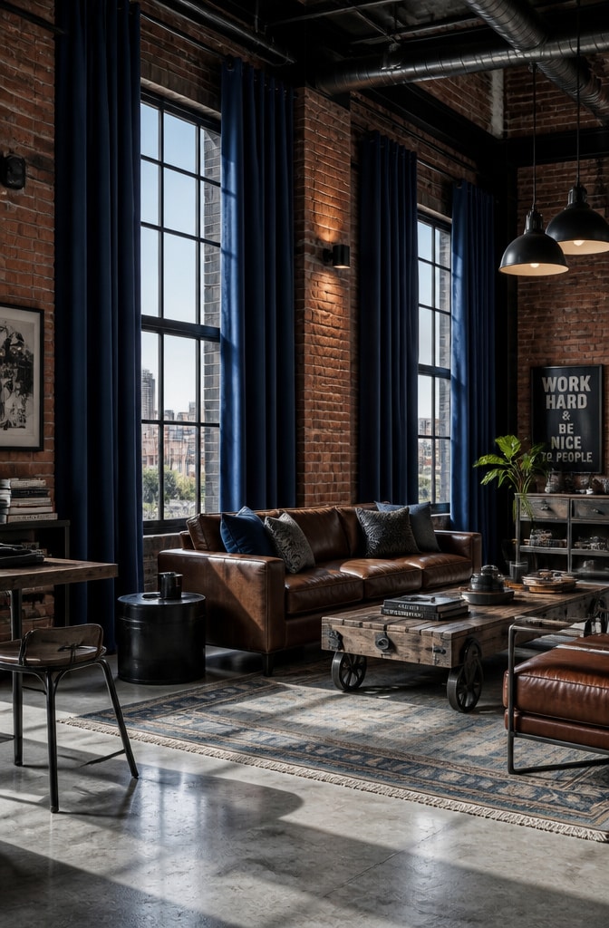 Industrial Loft with Blue Curtains