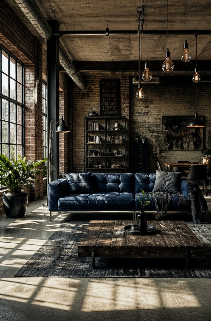 Industrial Loft with Dark Blue Sofa