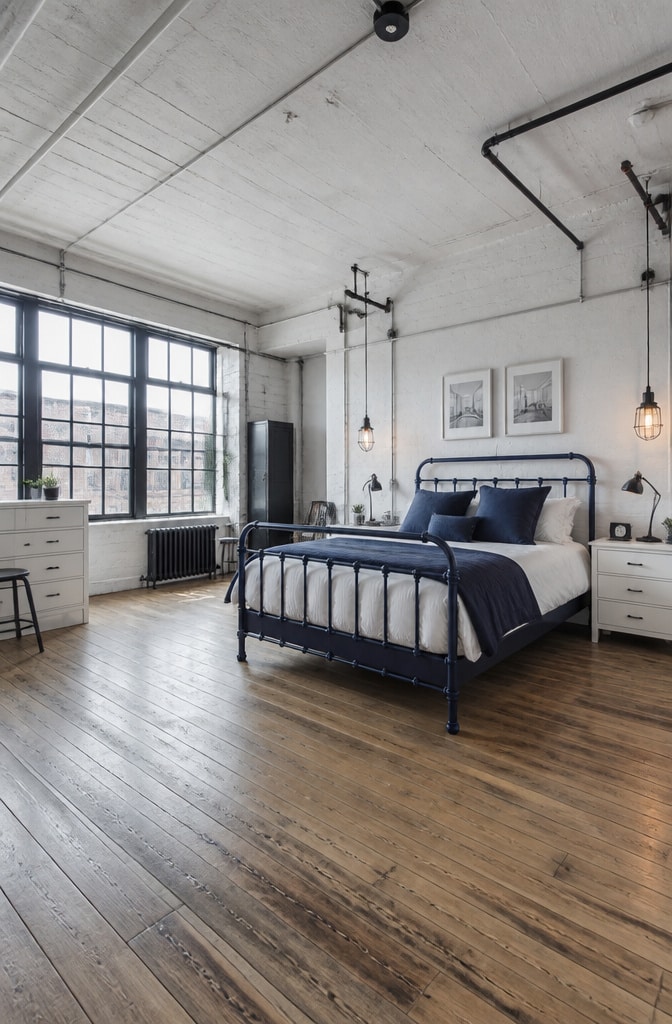 Industrial Navy and White Bedroom Loft