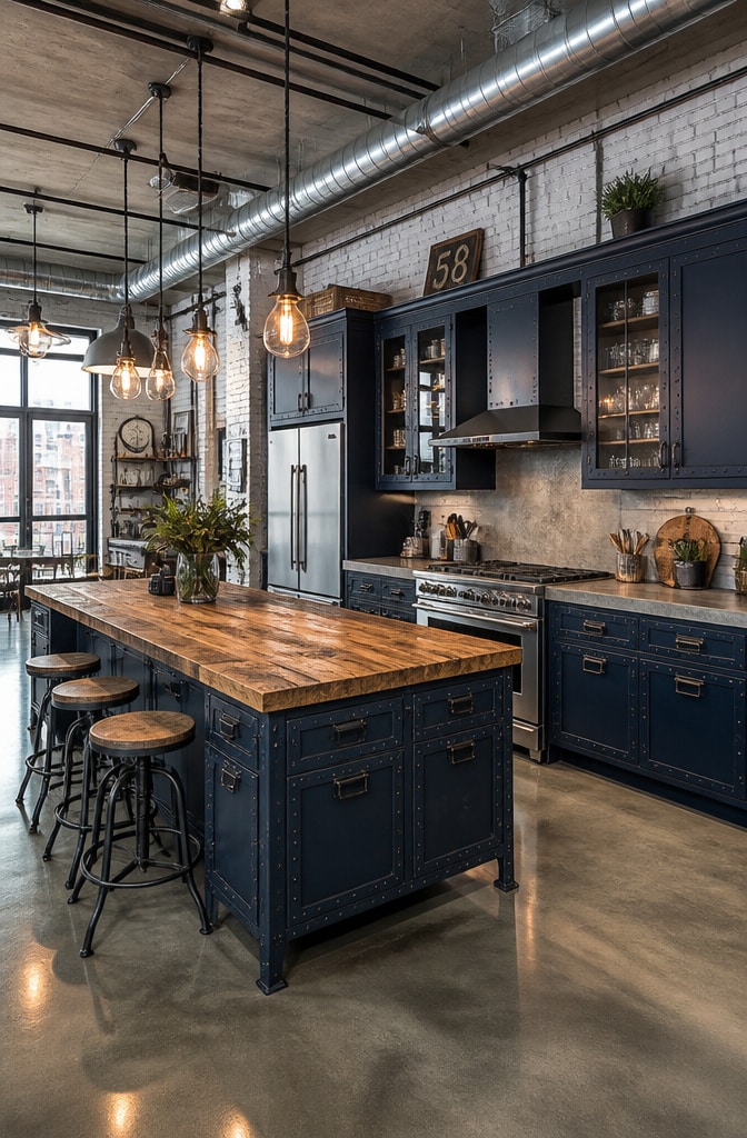 Industrial Navy Blue Loft Kitchen