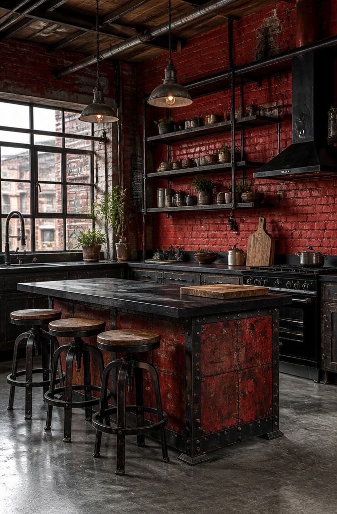 Industrial Red and Black Loft Kitchen